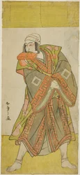El actor Ichikawa Danjuro V como el príncipe Koretaka disfrazado de mensajero Izutsu Chuji, en la obra Yamato Kano Ariwara Keizu, presentada en el Teatro Nakamura en el quinto mes de 1781