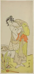 El actor Ichikawa Danjuro V como Soga no Dozaburo (?) en la obra Shida Yuzuriha Horai Soga (?), representada en el Teatro Morita (?) en el primer mes de 1775 (?)