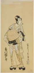 El actor Ichikawa Danjuro V como Soga no Goro disfrazado de Komuso en la obra Sakai-cho Soga Nendaiki, representada en el Teatro Nakamura en el primer mes de 1771