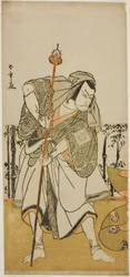 El actor Ichikawa Danjuro V como Taira no Masakado disfrazado de peregrino Junjo en la obra Masakado Kammuri no Hatsuyuki, representada en el Teatro Nakamura en el undécimo mes, 1777