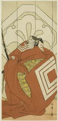 El actor Ichikawa Danjuro V en el papel de "Shibaraku", probablemente como Kato Hyoeisa Shigemitsu, en la tercera escena de la obra Masakado Kammuri no Hatsuyuki (La primera nevada en el tocado de la corte de Taira no Masakado), representada en el Teatro N