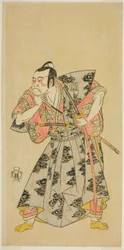 El actor Ichikawa Danzo III como Fuwa Banazemon en la obra Date Moyo Kumo ni Inazuma, representada en el Teatro Morita en el décimo mes de 1768