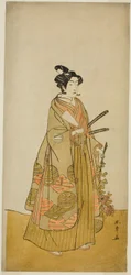 El actor Ichikawa Monnosuke II como Kichisaburo, paje del templo de Kichijo-ji, en la obra Sono Kyodai Fuji no Sugatami, representada en el Teatro Morita en el segundo mes de 1776
