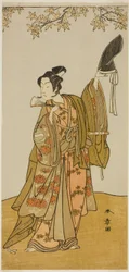 El actor Ichikawa Monnosuke II como Shimokobe Shoji Yukihira, en la obra Gohiiki Kanjincho, representada en el Teatro Nakamura desde el primer día del undécimo mes de 1773