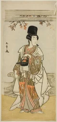 El Actor Ichikawa Monnosuke II como el Sirviente de la Corte Shoheida Sadamori en la Obra Masakado Kammuri no Hatsuyuki, Representada en el Teatro Nakamura en el Undécimo Mes, 1777