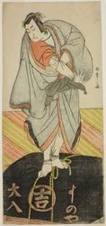 El actor Ichikawa Monnosuke II como el peregrino Kakuzan en la obra Shitenno Tonoi no Kisewata, representada en el Teatro Nakamura en el undécimo mes, 1781