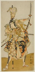El actor Ichikawa Raizo II como Murakami Hikoshiro Yoshiteru en la obra Oyoroi Ebido Shinozuka, representada en el Teatro Nakamura en el undécimo mes, 1772