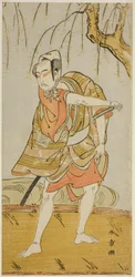 El actor Ichikawa Yaozo II como Hiranoya Tokubei (?) en la obra Wada Sakamori Eiga Kagami (?), representada en el Teatro Nakamura (?) en el tercer mes, 1773 (?)