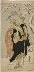 El actor Ichimura Uzaemon IX como Aza-maru en la obra Yui Kanoko Date-zome Soga, presentada en el Teatro Ichimura en el primer mes de 1774