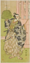 El actor Ichimura Uzaemon IX como Fuwa Banzaemon en la obra Keisei Nagoya Obi, representada en el Teatro Ichimura en el octavo mes de 1771