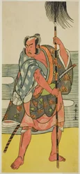 El actor Ichimura Uzaemon IX como el Yakko Matahei en la obra Mukashi Otoko Yuki no Hinagata, representada en el Teatro Ichimura en el undécimo mes, 1781