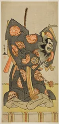 El actor Nakajima Mihoemon II como Shujaku Tenno en la obra Masakado Kammuri no Hatsuyuki, representada en el Teatro Nakamura en el undécimo mes, 1777