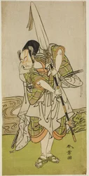 El actor Nakamura Juzo II como Asahara Hachiro disfrazado de sirviente de una familia principesca, en la obra Onna Aruji Hatsuyuki no Sekai, representada en el Teatro Morita en el undécimo mes, 1773