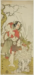 El actor Nakamura Juzo II como Yushichi (?) en la obra Keisei Momiji no Uchikake (?), presentada en el Teatro Morita (?) en el séptimo mes, 1772 (?)