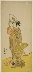 El actor Nakamura Matsue I como Kasaya Sankatsu (?) en la obra Hana no Gosho Konegen Butai (?), representada en el Teatro Nakamura (?) en el octavo mes de 1772 (?)