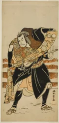 El actor Nakamura Nakazo I como Abe no Sadato (?) en la obra Date Nishiki Tsui no Yumitori (?), representada en el Teatro Morita (?) en el undécimo mes, 1778 (?)