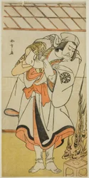 El actor Nakamura Nakazo I como Chinzei Hachiro Tametomo disfrazado de monje ascético, en la obra Kitekaeru Nishiki no Wakayaka, representada en el Teatro Nakamura en el undécimo mes, 1780