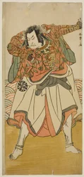 El actor Nakamura Nakazo I como Chinzei Hachiro Tametomo disfrazado de monje ascético, en la obra Kitekaeru Nishiki no Wakayaka, representada en el Teatro Nakamura en el undécimo mes, 1780