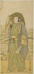 El actor Nakamura Nakazo I como Kume no Heinaizaemon disfrazado de adivino callejero Kosaka Jinnai, en la obra Kotobuki Banzei Soga, representada en el Teatro Ichimura en el quinto mes de 1783