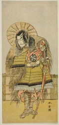 El actor Nakamura Nakazo I como Takechi Jubei Mitsuhide en la obra Shusse Taiheiki, representada en el Teatro Nakamura en el octavo mes de 1775