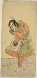 El actor Nakamura Nakazo I como Tezuka no Taro Mitsumori disfrazado de entrenador de monos Tonkichi Tochibei, en la obra Soga Moyo Aigo no Wakamatsu, representada en el Teatro Nakamura en el primer mes, 1769