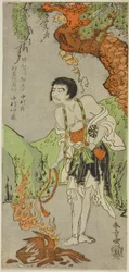 El Actor Nakamura Nakazo I como un Monje, Raigo Ajari, en la Obra Nue no Mori Ichiyo no Mato (Bosque del Monstruo Nue: Objetivo del Undécimo Mes), Representada en el Teatro Nakamura desde el Primer Día del Undécimo Mes, 1770