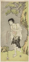 El actor Nakamura Nakazo I como un monje, Raigo Ajari, en la obra Nue no Mori Ichiyo no Mato (Bosque del monstruo Nue: Objetivo del undécimo mes), representada en el Teatro Nakamura desde el primer día del undécimo mes, 1770