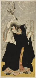 El actor Nakamura Nakazo I como el dios del trueno, encarnación de Kan Shojo, en la obra Sugawara Denju Tenarai Kagami, representada en el teatro Morita en el tercer mes de 1780