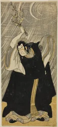 El actor Nakamura Nakazō I como el dios del trueno, una encarnación de Kan Shōjō, en la obra «Sugawara Denju Tenarai Kagami», representada en el Teatro Morita en el tercer mes de 1780