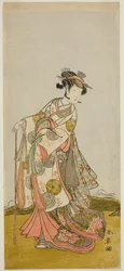 El actor Nakamura Noshio I como la Princesa Usuyuki (Usuyuki Hime) en la obra "Shin Usuyuki Monogatari," representada en el Teatro Morita en el quinto mes, 1774