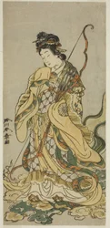 El actor Nakamura Noshio I como la diosa Benzaiten de Enoshima en la obra Onno Aruji Hatsuyuki no Sekai, representada en el Teatro Morita en el undécimo mes, c.1773 (xilografía en color; hosoban)