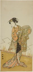 El actor Nakamura Riko I como la cortesana Wakamatsu (?) en la obra Gohiiki Kanjincho (?), representada en el Teatro Nakamura (?) en el undécimo mes, 1773 (?)
