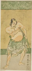 El actor Nakamura Sukegoro II como el luchador de sumo Matano no Goro en la obra Myoto-giku Izu no Kisewata, representada en el Teatro Ichimura en el undécimo mes, 1770
