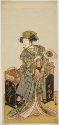 El actor Nakamura Tomijuro I como la vendedora de pasteles de frijol Hyugaya en la obra Chigo Torii Tobiiri Kitsune, representada en el Teatro Ichimura en el undécimo mes, 1777