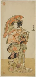 El actor Nakamura Tomijuro I como la zorra hembra del monte Ubagadake en la obra "Chigo Torii Tobiiri Kitsune," representada en el Teatro Ichimura en el undécimo mes, 1777