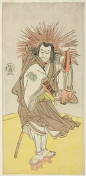 El actor Nakayama Kojuro VI como Osada no Taro Kagemune (en realidad Hatcho Tsubute no Kiheiji), disfrazado de farolero del santuario de Gion, en el tercer acto de la primera parte de la obra Yukimotsu Take Furisode Genji (Bambú cubierto de nieve: Genji en