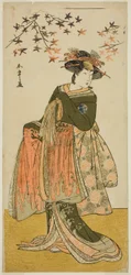 El actor Nakayama Tomisaburo I como la geisha Yukino (¿o Oyuki?) en la obra Kabuki no Hana Bandai Soga, representada en el Teatro Ichimura en el cuarto mes de 1781