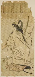 El Actor Onoe Matsusuke I como el Príncipe Takanori en la obra "Kaeribana Eiyu Taiheiki," interpretada en el Teatro Nakamura en el undécimo mes, 1779