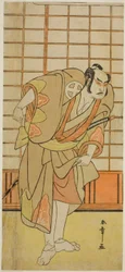 El actor Otani Hiroji III como Hata no Daizen Taketora disfrazado de Shikishima Wakahei en la obra Juni-hitoe Komachi-zakura, representada en el Teatro Kiri en el undécimo mes de 1784.