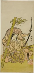 El Actor Otani Hiroji III como el Guardia Kuriu Zaemon Yorikata en la Obra Azuma no Mori Sakae Kusunoki, Representada en el Teatro Ichimura en el Undécimo Mes, 1779