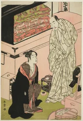 El actor Sawamura Sojuro III (derecha), en su camerino conversando con el actor Segawa Kikunojo III (izquierda)