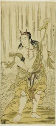 El actor Sawamura Sojuro III como Kongara Doji en la obra Kitekaeru Nishiki no Wakayaka, representada en el Teatro Nakamura en el undécimo mes, 1780