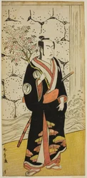 El actor Sawamura Sojuro III como Sonobe Zaemon en la obra "Shin Usuyuki Monogatari," representada en el Teatro Ichimura en el octavo mes de 1779