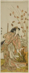 El actor Segawa Kikunojo III como Hito-maru disfrazado de la cortesana Chiyozaki, en la obra Kuruwa no Hana Katsuragi no Kane, representada en el Teatro Ichimura en el tercer mes de 1775