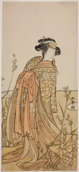 El actor Segawa Kikunojo III como espíritu de un pato mandarín (Oshidori) disfrazado de Tagasode, en la obra Hana-zumo Genji Hiiki, representada en el Teatro Nakamura en el undécimo mes, 1775