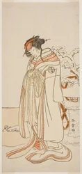El Actor Segawa Kikunojo III como la Cortesana Kisewata (Tagasode) (?) en la Obra Hana-zumo Genji Hiiki (?), Representada en el Teatro Nakamura (?) en el Mes Once, 1775 (?)