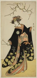 El actor Segawa Kikunojo III como el espíritu de Joro-gumo (Araña Ramera) disfrazado de la Maiko Tsumagiku, en la obra Shitenno Tonoi no Kisewata, representada en el Teatro Nakamura en el undécimo mes, 1781