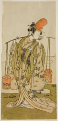 El actor Segawa Kitsuji III como Murasame en la obra Gohiiki Kanjincho, representada en el Teatro Nakamura en el undécimo mes, 1773