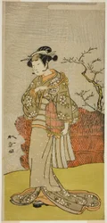 El actor Yamashita Kinsaku II como Osaku (?) en la obra Onna Aruji Hatsuyuki no Sekai, representada en el Teatro Morita en el undécimo mes, 1773