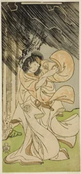 El actor Yamashita Kinsaku II como una diosa del trueno en la obra Onna Narukami, representada en el Teatro Morita en el primer mes de 1770